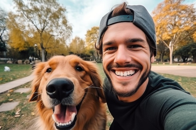 Selfie de um homem com um cachorro no parque IA generativa