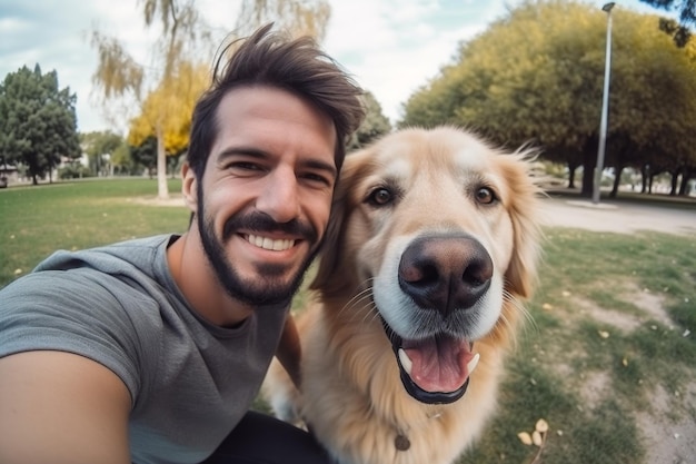 Selfie de um homem com um cachorro no parque IA generativa