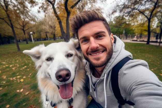 Selfie de um homem com um cachorro no parque ia generativa