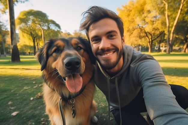 Selfie de um homem com um cachorro no parque IA generativa