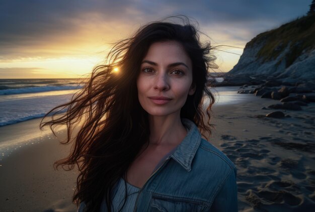 Selfie de uma jovem em uma área de praia