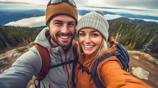 Selfie de viagem de caminhada por um casal alegre GERAR IA