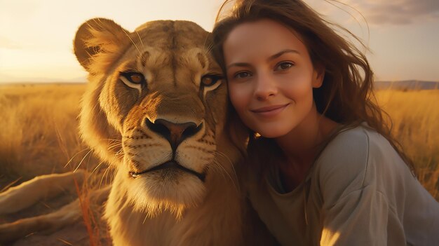 Foto selfie einer frau und ihres löwen