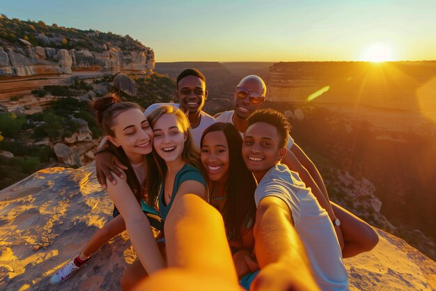 Selfie einer Gruppe von Freunden verschiedener Ethnien auf einer Reise bei Sonnenuntergang