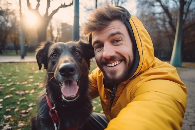 Selfie eines Mannes mit einem Hund im Park Generative KI