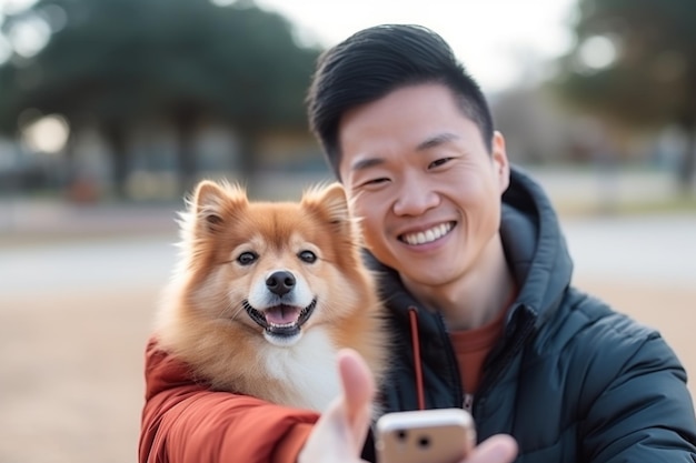 Selfie eines Mannes mit einem Hund im Park Generative KI