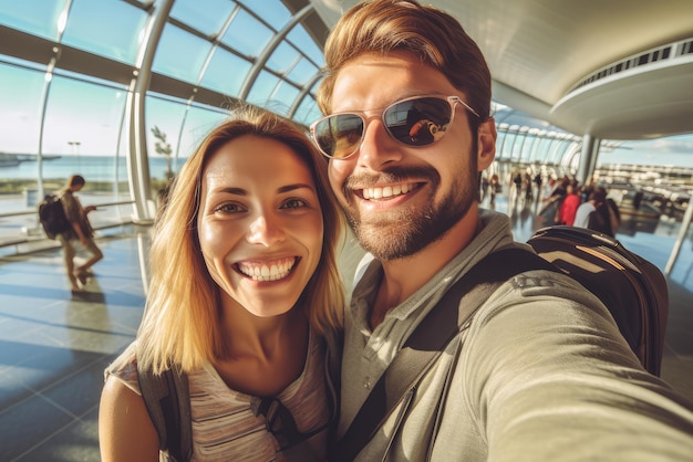 Foto un selfie de familia viajero en el aeropuerto