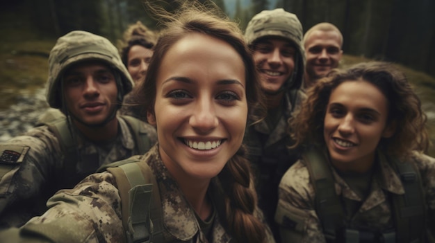 Selfie de feliz grupo de amigos del trabajo en equipo de soldados