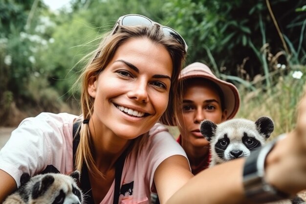 Foto selfie feliz y pandas con una madre en un viaje de vacaciones de verano creado con ai generativo