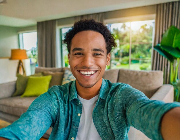 Selfie foto de jovem bonito homem sorridente americano africano toma uma foto selfie de dentro de seu h