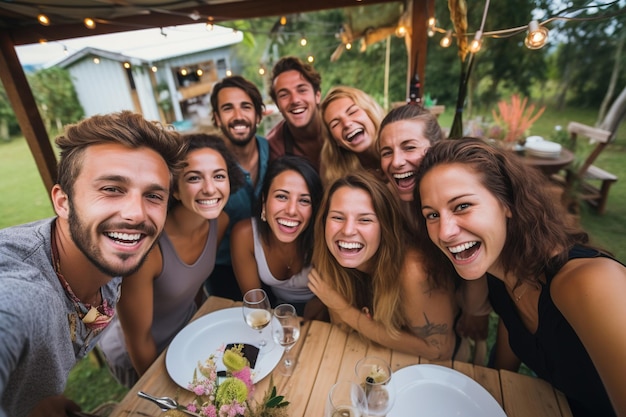 Selfie grupal en una cena al aire libre