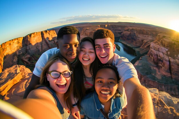 Selfie de un grupo de amigos de diferentes etnias en un viaje al atardecer