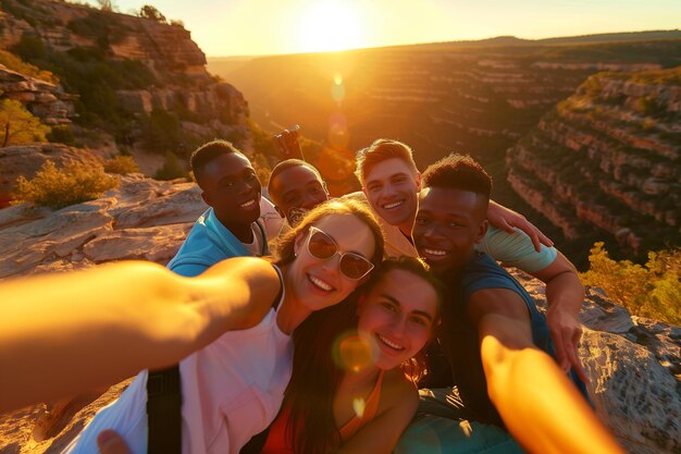 Selfie de un grupo de amigos de diferentes etnias en un viaje al atardecer
