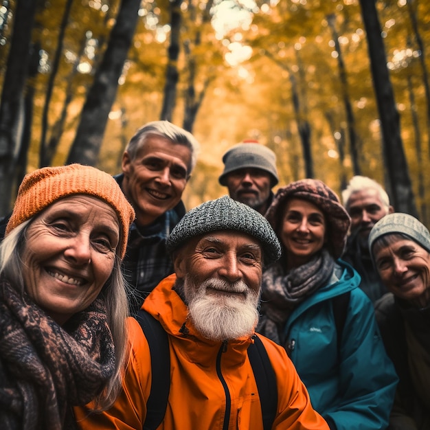 Selfie de un grupo de ancianos activos, hombres y mujeres mayores, caminando en el bosque de otoño