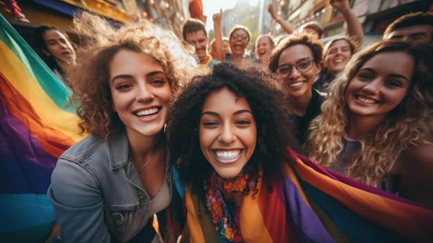 Foto selfie de un grupo de jóvenes lgbt celebrando en las calles