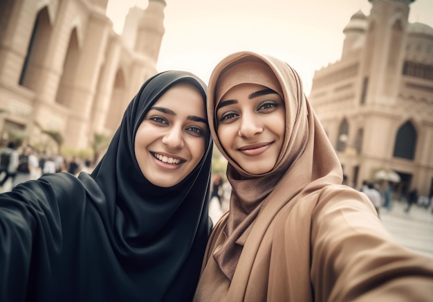 Selfie de un grupo de mujeres musulmanas en la calle Una pareja de mujeres mirando a la cámara Generate Ai