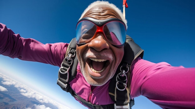 Foto selfie de un hombre mayor de paracaidismo deporte extremo aventura de jubilación divertida