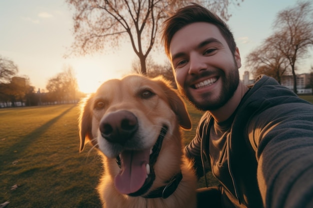 Selfie de un hombre con un perro en el parque IA generativa