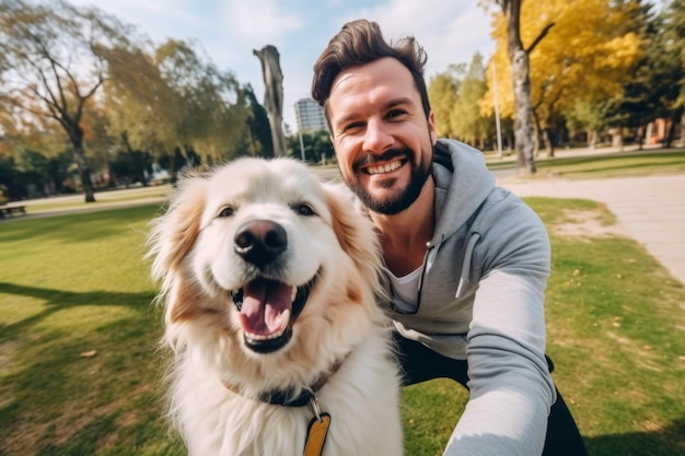 Selfie de un hombre con un perro en el parque IA generativa