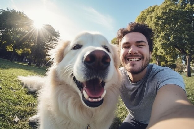 Selfie de un hombre con un perro en el parque IA generativa