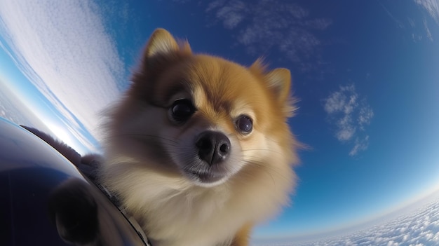 Selfie-Hund schwebt atemberaubend in wunderschönem Stil vor panoramischer Hintergrundschönheit der Natur