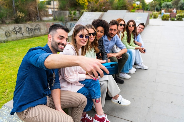 Selfie de jóvenes sonrientes divirtiéndose juntos felices amigos multirraciales grupo tomando