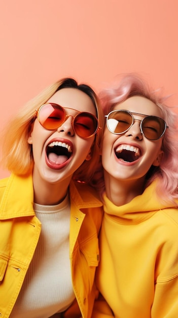 Selfie jovens mulheres caucasianas em roupas casuais se divertindo juntos amigos posando em branco
