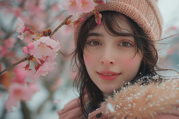 Una selfie en medio de las flores de cerezo en un parque japonés