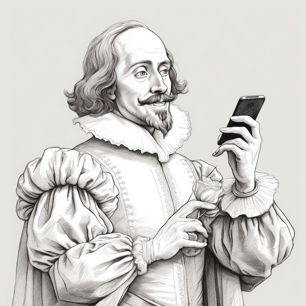 Foto selfie moderna de shakespeare, uma representação simplista a lápis em preto e branco