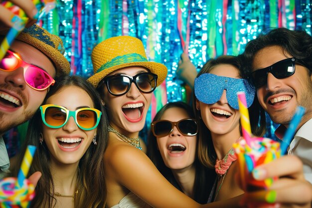 Foto selfie de momentos felices en la cabina de fotos imagen de un evento social en la fiesta con personas diversas