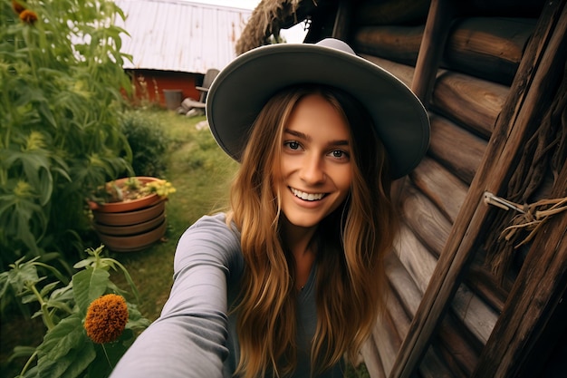 Foto selfie de una mujer en el jardín