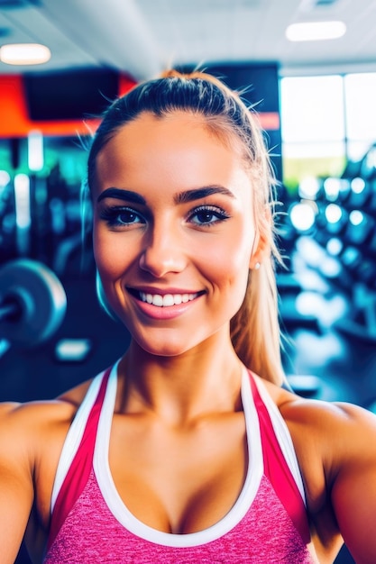 Selfie de mujer joven en forma en el gimnasio IA generativa