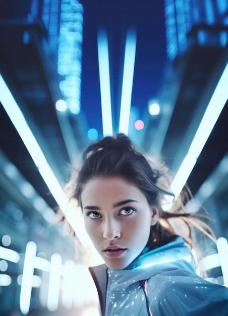 Foto selfie de una mujer joven en luces de neón de la noche de la ciudad moderna perspectiva dramática vista hacia arriba