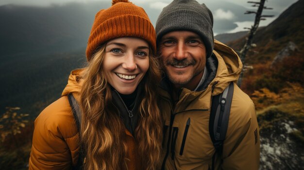 Una selfie de una pareja feliz y sonriente de vagabundos durante sus viajes en las montañas