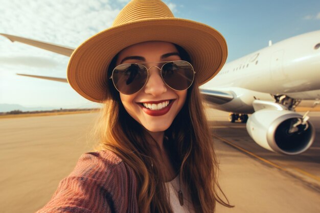 Selfie retrato avião e conceito de viagem