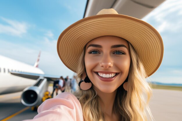 Selfie retrato avião e conceito de viagem