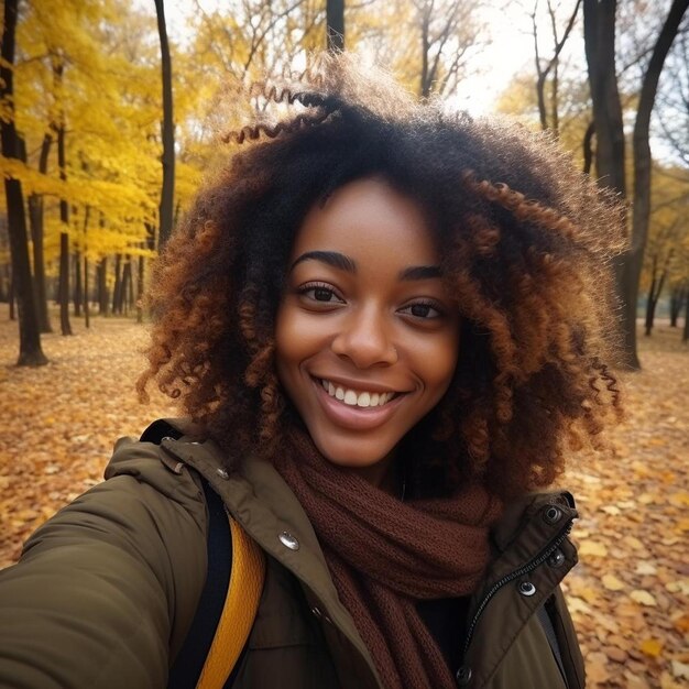 Selfie retrato de una chica linda en el parque de otoño mujer africana sonriente