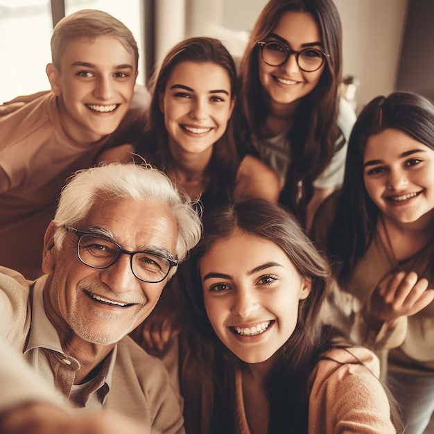 Foto selfie retrato de avós, pais e filhos em casa para relaxar a ligação e tempo de qualidade grande família multicultural e rostos de pessoas felizes sorriem para imagem gerada por ai juntos