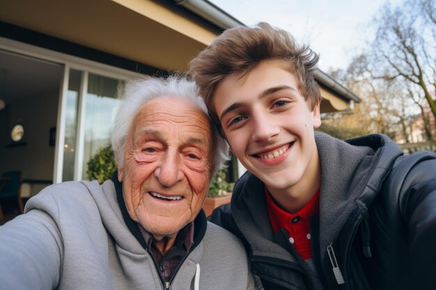 Selfie Retrato de um avô e seu neto desfrutando de tempo juntos enquanto visitam