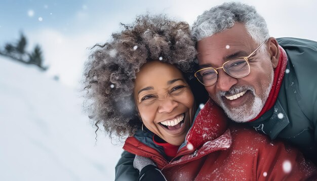 Selfie retrato de dos personas felices juntas en el bosque de invierno