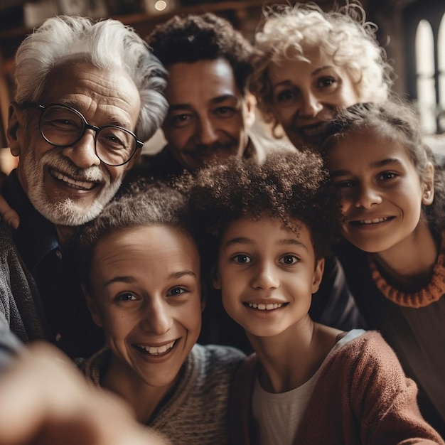 Selfie de retrato y sonrisa familiar para aplicación futurista generada por ai y filtro de fotos 3d en casa Tecnología creativa de grupo multicultural y cara aumentada de niños felices con abuelos para la foto