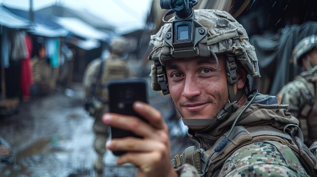 Selfie de un soldado con uniforme y rifle