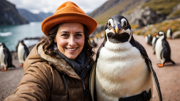 Una selfie de turista con un pingüino