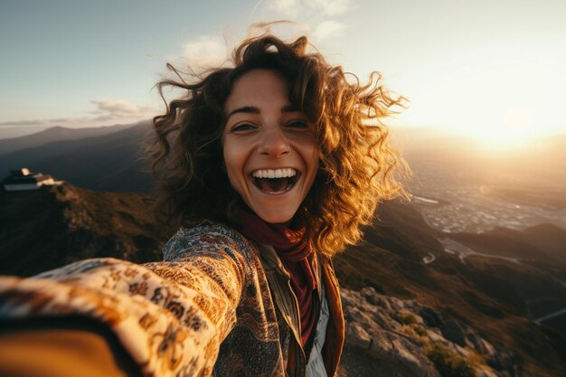 una selfie de viajera en el acantilado y buscando la vista.