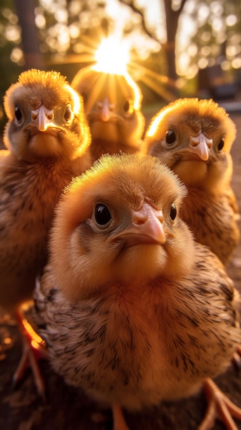 Selfie von Hühnern in einem sonnigen botanischen Garten. Generative KI