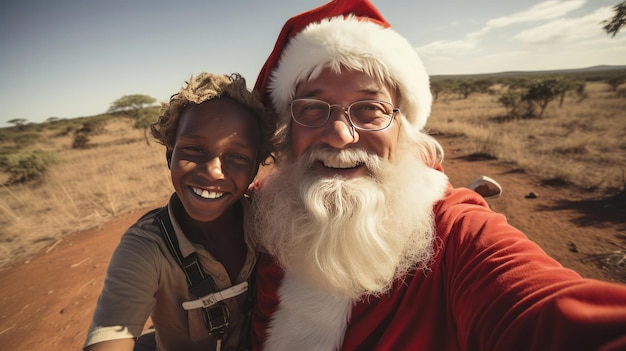 Selfie von Weihnachtsmann und Kind im ländlichen Afrika, das Liebesweihnachtskonzept verbreitet