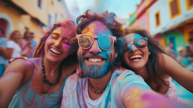 Selfies en grupo de recuerdos de Holi con amigos