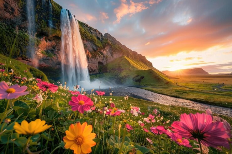 Foto seljalandsfoss-wasserfall beim sonnenuntergang ein atemberaubender blick auf den majestätischen wasserfall in island mit