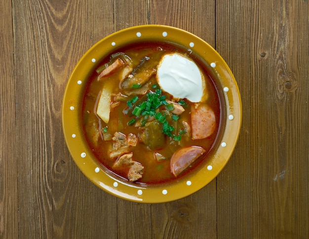 Seljanka de carne sopa russa espessa, picante e azeda