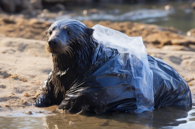 Foto sello de contaminación plástica cubierto con plástico en la playa